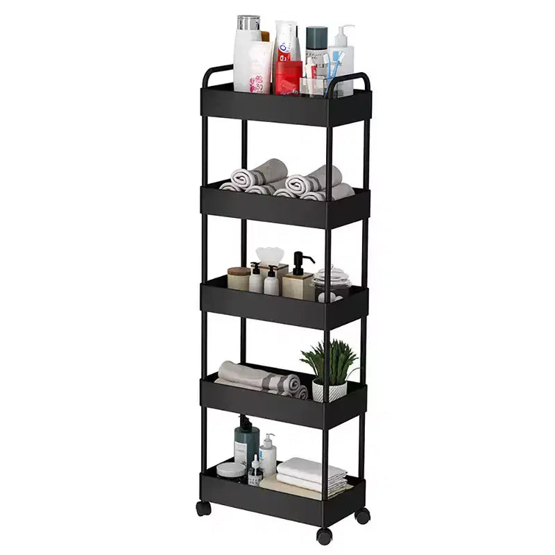5-Tier Storage Trolley on Wheels, Plastic Slide Out Rolling Utility Cart with Handle, Mobile Shelving Unit, Narrow Shelf Unit Storage Rack
