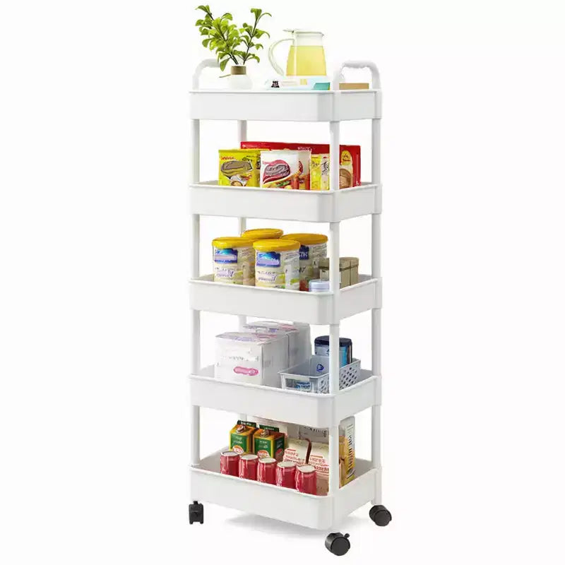Chariot de rangement à 5 niveaux sur roulettes, Chariot de service roulant en plastique avec poignée, Unité d'étagères mobiles, Étagère de rangement étroite