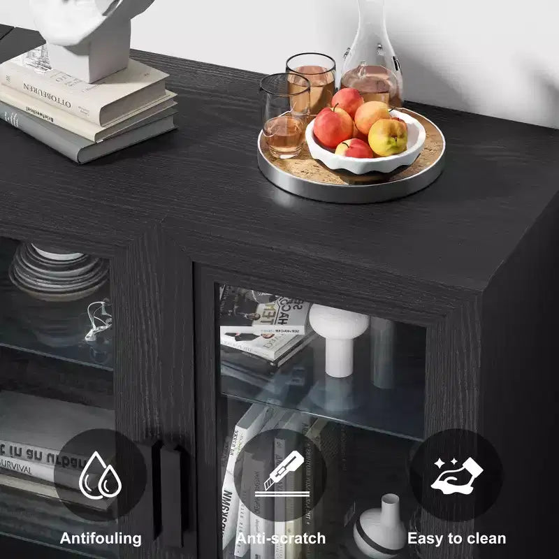 Meuble de rangement haut de salle de bain noir de 62 po avec étagères réglables et 2 portes en verre, rangement ouvert pour salle de bain et buanderie
