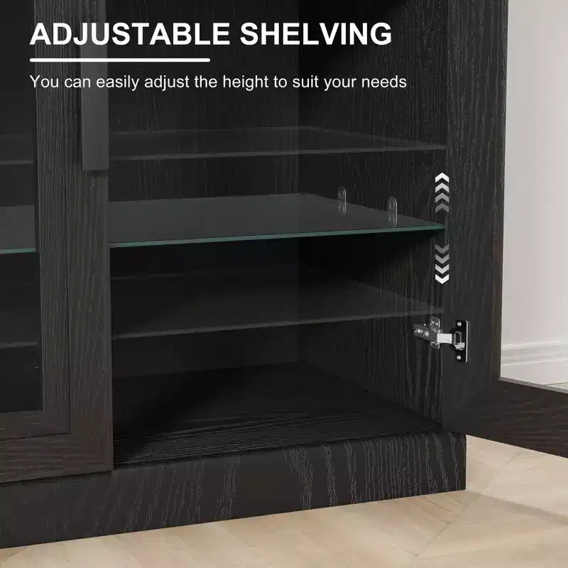Meuble de rangement haut de salle de bain noir de 62 po avec étagères réglables et 2 portes en verre, rangement ouvert pour salle de bain et buanderie