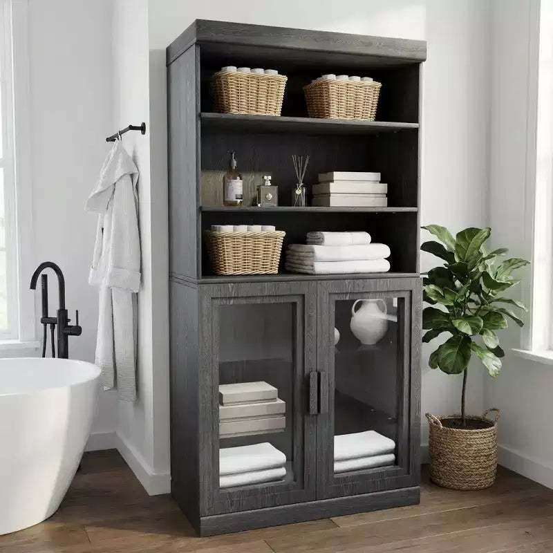 62 High Black Combination Bathroom Cabinet with Adjustable Shelves and 2 Glass Doors, Open Storage for Bathroom Laundry Room