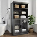 62 High Black Combination Bathroom Cabinet with Adjustable Shelves and 2 Glass Doors, Open Storage for Bathroom Laundry Room