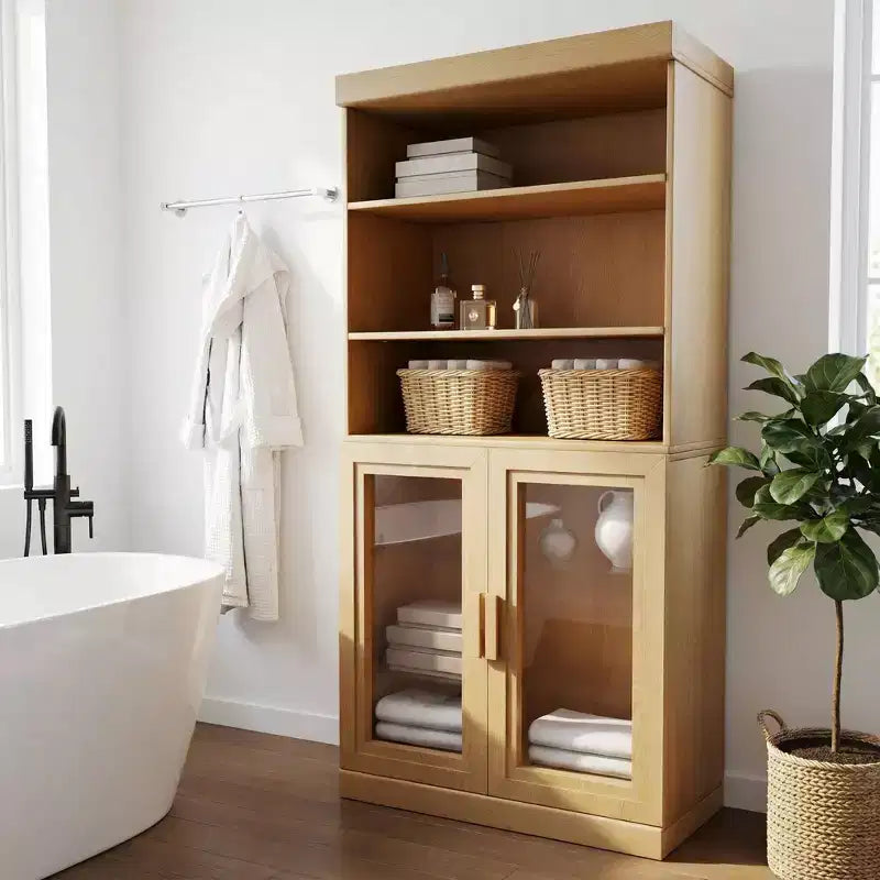 Meuble de rangement haut de salle de bain noir de 62 po avec étagères réglables et 2 portes en verre, rangement ouvert pour salle de bain et buanderie