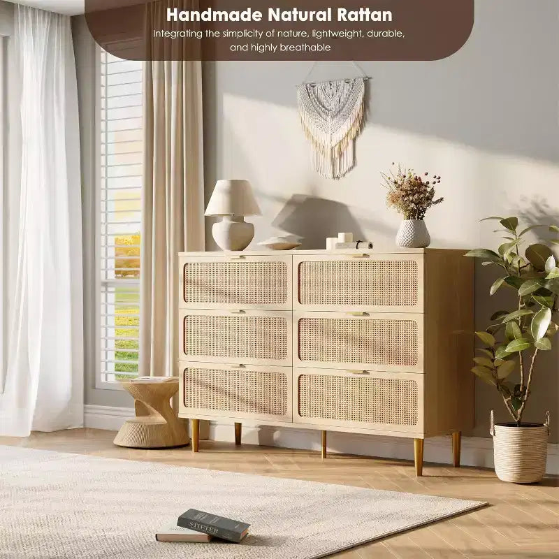 Commode en rotin avec 6 tiroirs, Armoire haute moderne avec rangement profond, Grande commode avec plateau large, Commode en bois pour chambre, salon, couloir