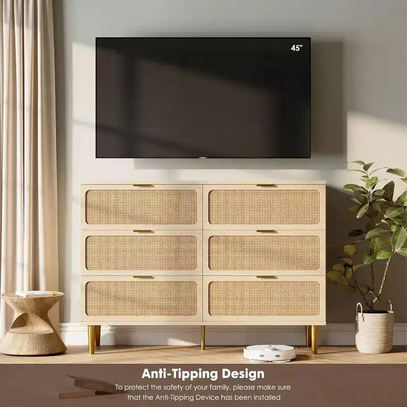 Commode en rotin avec 6 tiroirs, Armoire haute moderne avec rangement profond, Grande commode avec plateau large, Commode en bois pour chambre, salon, couloir