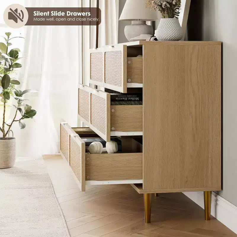 Commode en rotin avec 6 tiroirs, Armoire haute moderne avec rangement profond, Grande commode avec plateau large, Commode en bois pour chambre, salon, couloir