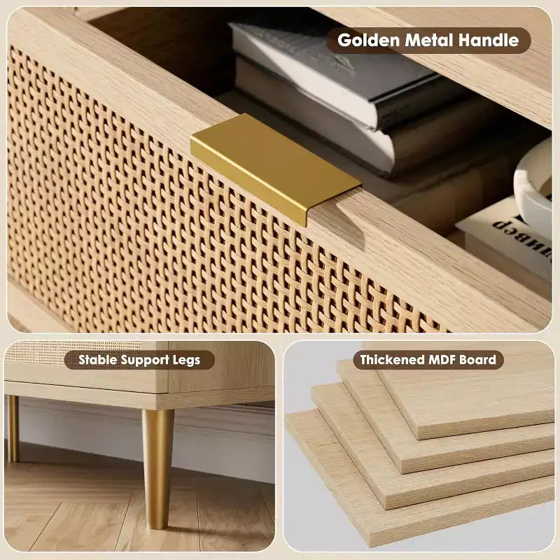 Commode en rotin avec 6 tiroirs, Armoire haute moderne avec rangement profond, Grande commode avec plateau large, Commode en bois pour chambre, salon, couloir