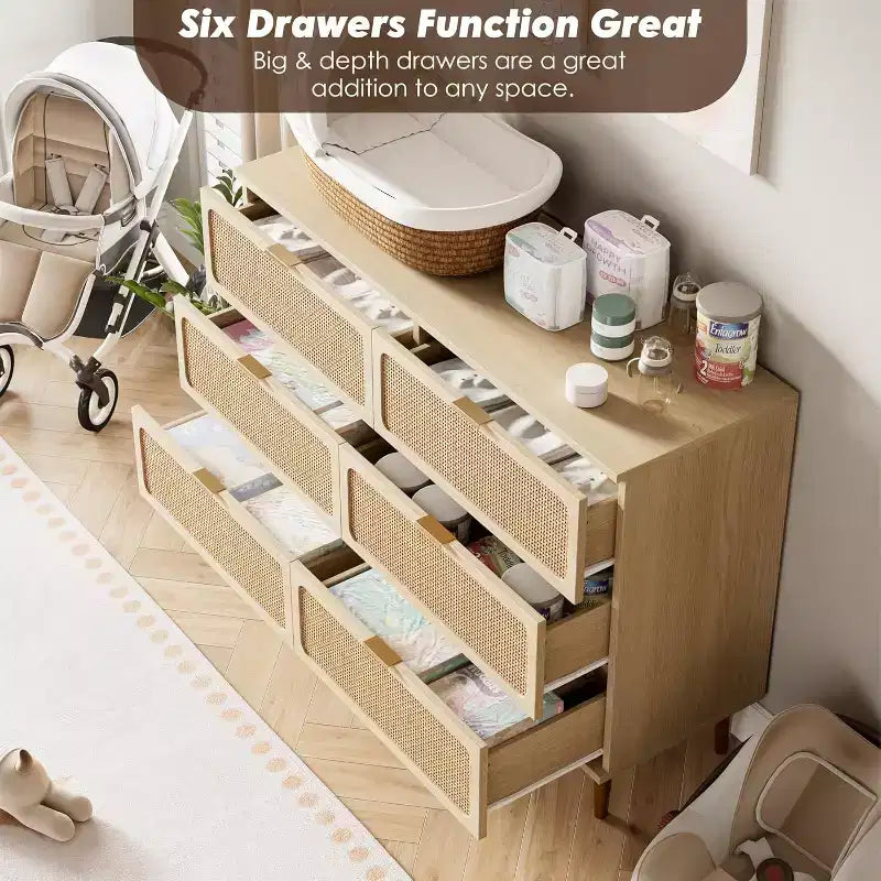 Commode en rotin avec 6 tiroirs, Armoire haute moderne avec rangement profond, Grande commode avec plateau large, Commode en bois pour chambre, salon, couloir