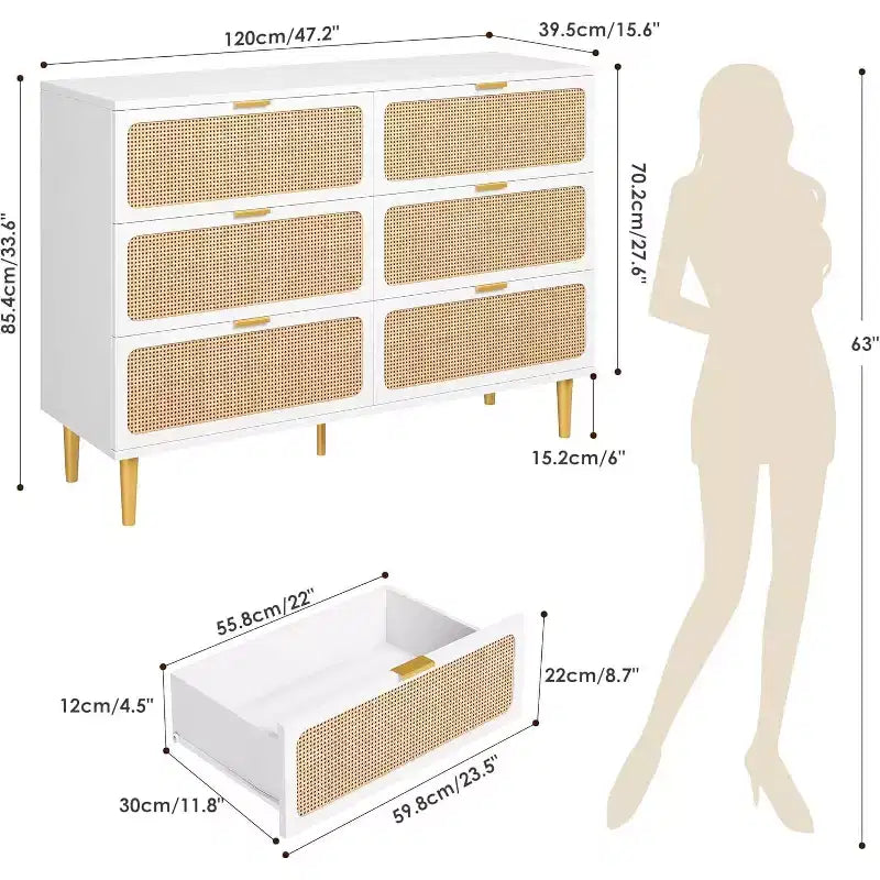 Commode en rotin avec 6 tiroirs, Armoire haute moderne avec rangement profond, Grande commode avec plateau large, Commode en bois pour chambre, salon, couloir