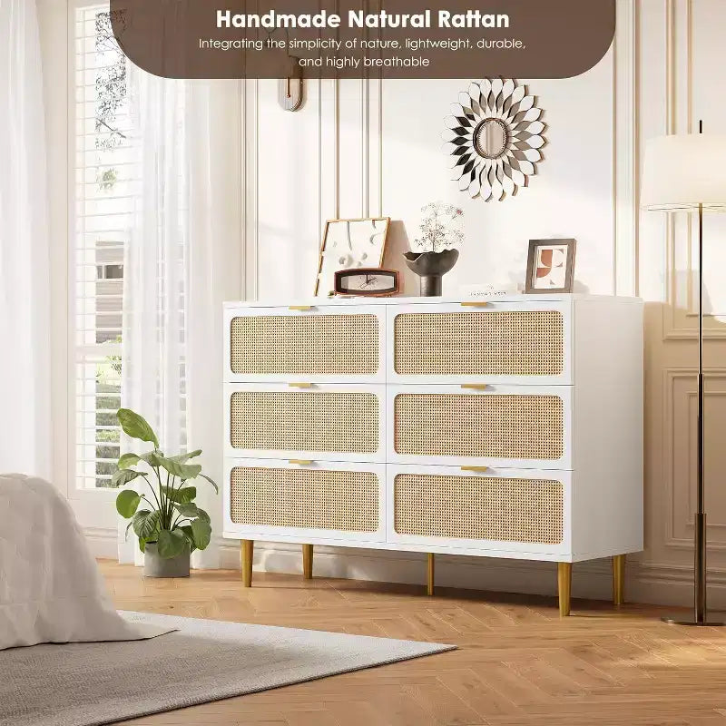 Commode en rotin avec 6 tiroirs, Armoire haute moderne avec rangement profond, Grande commode avec plateau large, Commode en bois pour chambre, salon, couloir