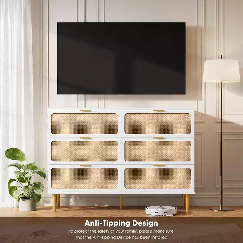 Commode en rotin avec 6 tiroirs, Armoire haute moderne avec rangement profond, Grande commode avec plateau large, Commode en bois pour chambre, salon, couloir