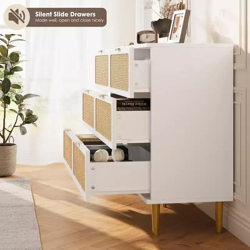 Commode en rotin avec 6 tiroirs, Armoire haute moderne avec rangement profond, Grande commode avec plateau large, Commode en bois pour chambre, salon, couloir