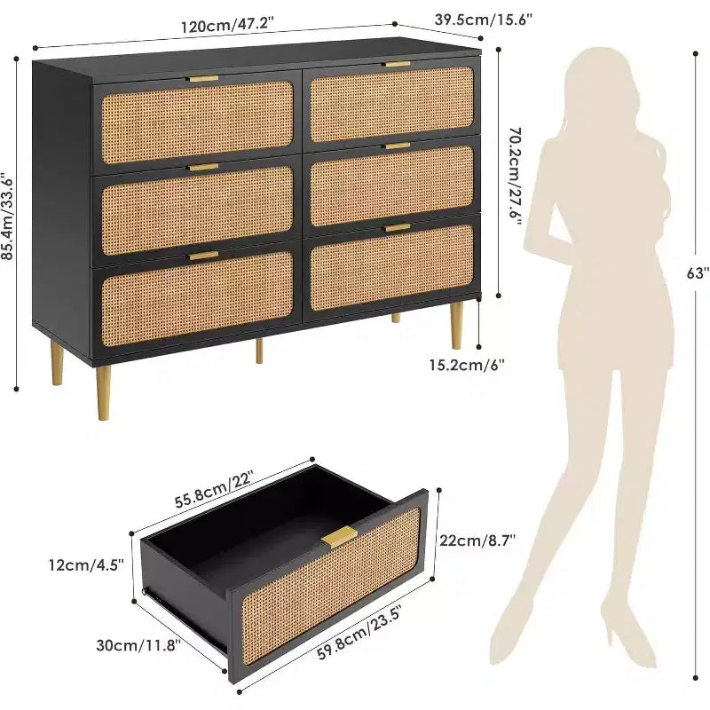 Commode en rotin avec 6 tiroirs, Armoire haute moderne avec rangement profond, Grande commode avec plateau large, Commode en bois pour chambre, salon, couloir