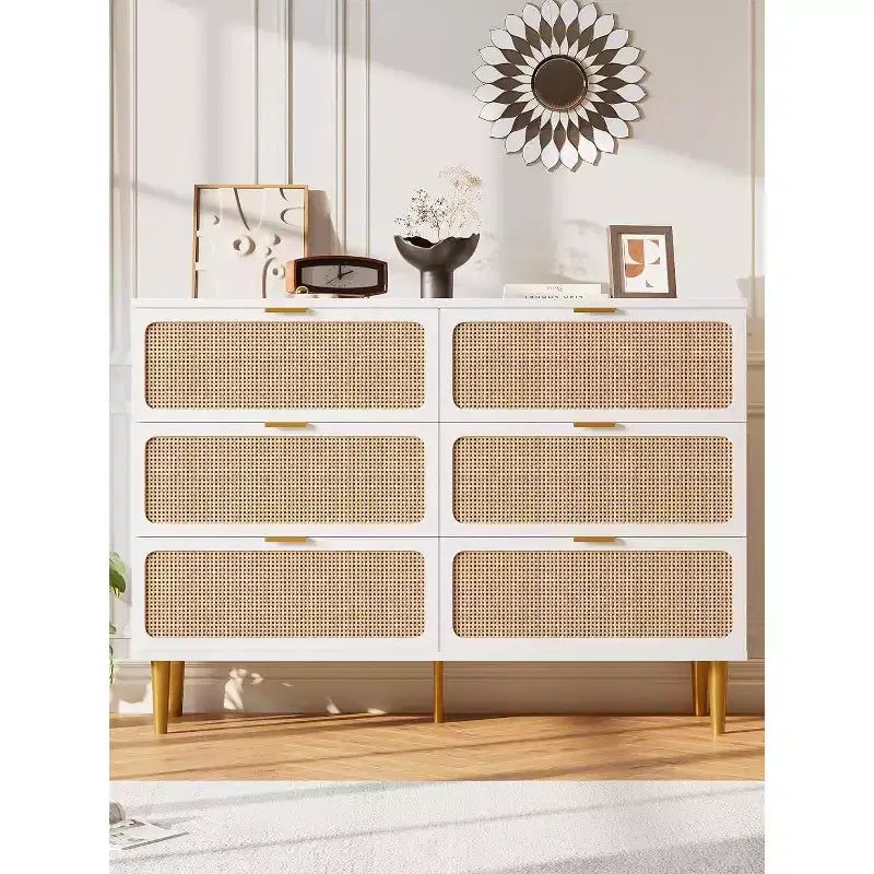 Commode en rotin avec 6 tiroirs, Armoire haute moderne avec rangement profond, Grande commode avec plateau large, Commode en bois pour chambre, salon, couloir