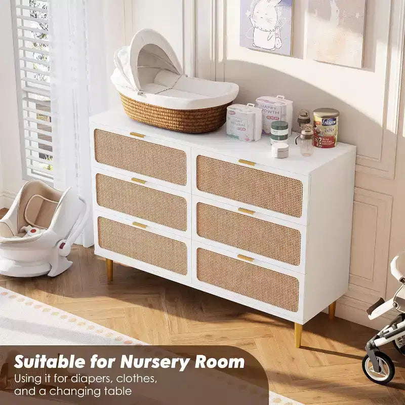 Commode en rotin avec 6 tiroirs, Armoire haute moderne avec rangement profond, Grande commode avec plateau large, Commode en bois pour chambre, salon, couloir