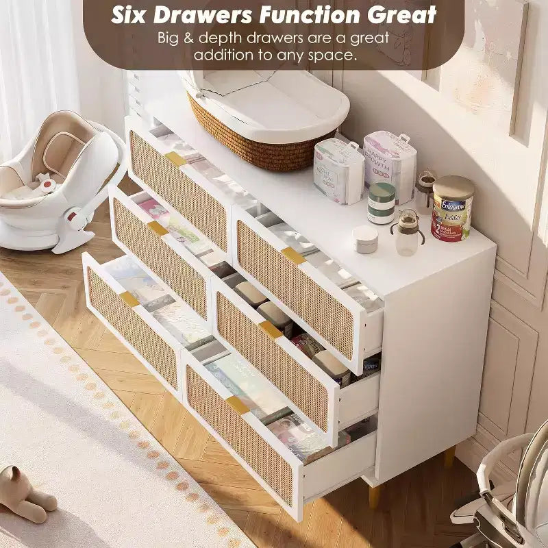 Commode en rotin avec 6 tiroirs, Armoire haute moderne avec rangement profond, Grande commode avec plateau large, Commode en bois pour chambre, salon, couloir