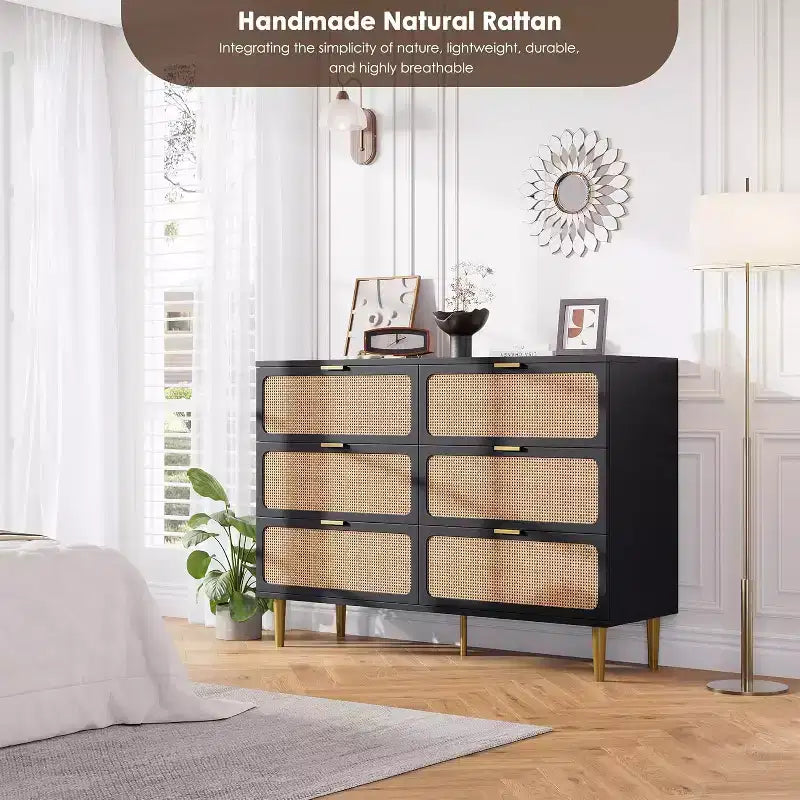 Commode en rotin avec 6 tiroirs, Armoire haute moderne avec rangement profond, Grande commode avec plateau large, Commode en bois pour chambre, salon, couloir