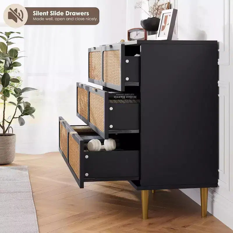 Commode en rotin avec 6 tiroirs, Armoire haute moderne avec rangement profond, Grande commode avec plateau large, Commode en bois pour chambre, salon, couloir