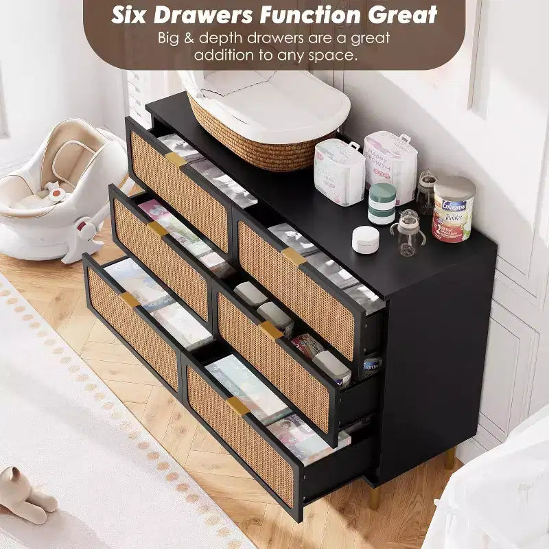 Commode en rotin avec 6 tiroirs, Armoire haute moderne avec rangement profond, Grande commode avec plateau large, Commode en bois pour chambre, salon, couloir