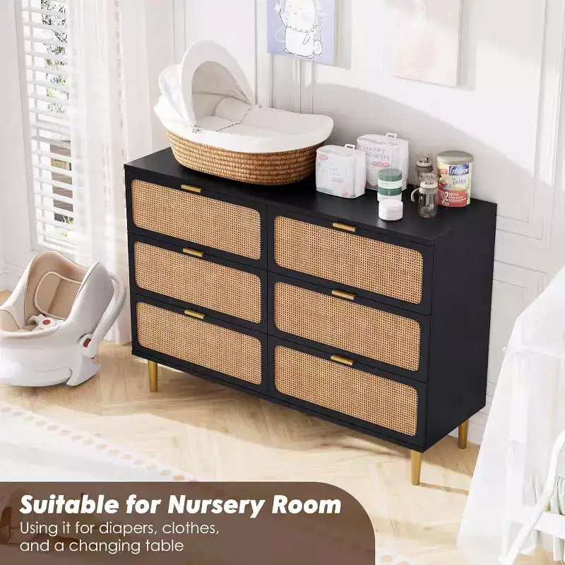 Commode en rotin avec 6 tiroirs, Armoire haute moderne avec rangement profond, Grande commode avec plateau large, Commode en bois pour chambre, salon, couloir