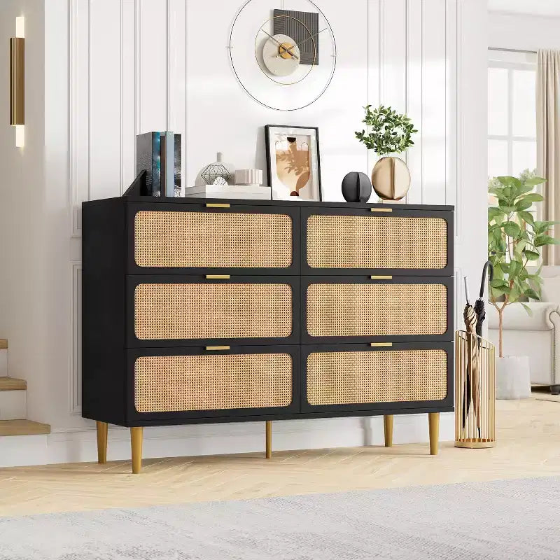 Commode en rotin avec 6 tiroirs, Armoire haute moderne avec rangement profond, Grande commode avec plateau large, Commode en bois pour chambre, salon, couloir
