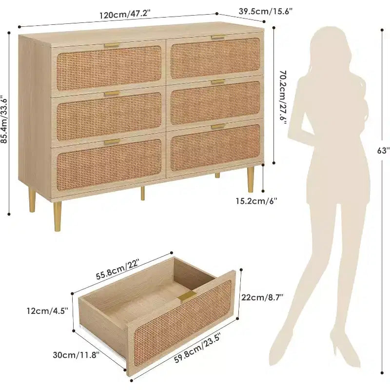 Commode en rotin avec 6 tiroirs, Armoire haute moderne avec rangement profond, Grande commode avec plateau large, Commode en bois pour chambre, salon, couloir