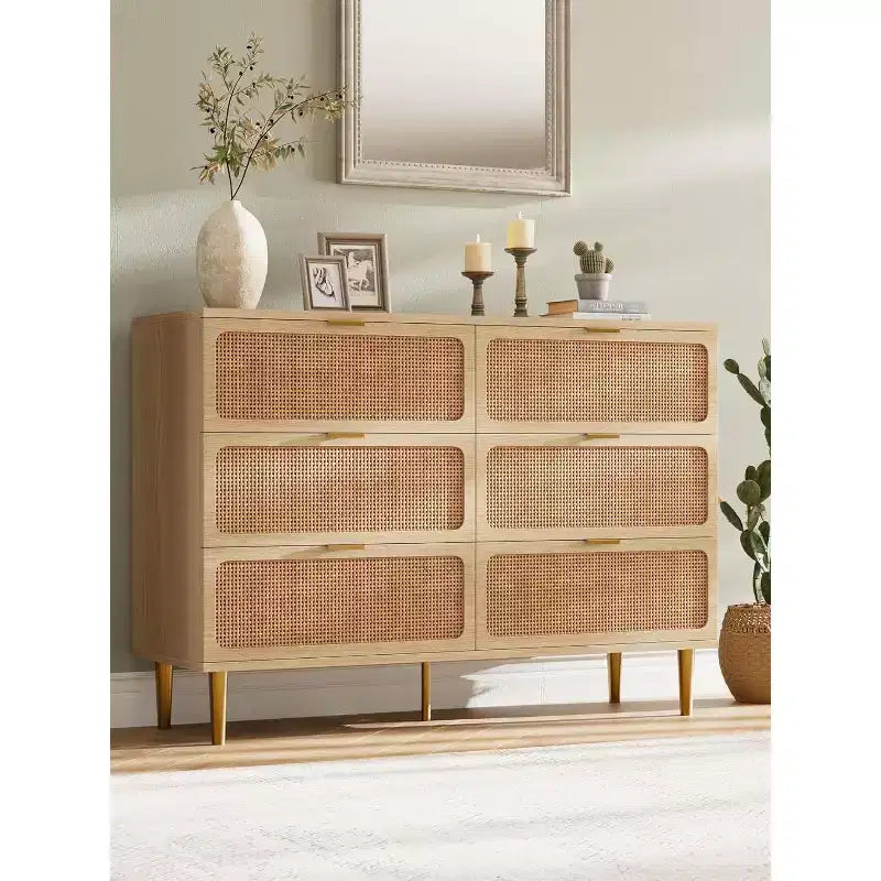 Commode en rotin avec 6 tiroirs, Armoire haute moderne avec rangement profond, Grande commode avec plateau large, Commode en bois pour chambre, salon, couloir