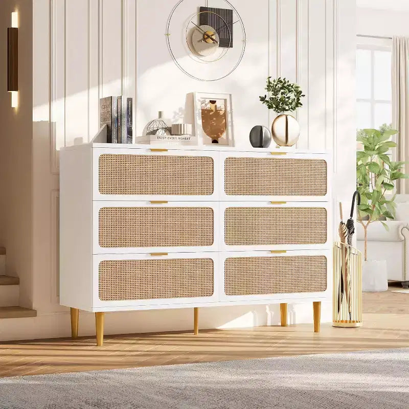 Commode en rotin avec 6 tiroirs, Armoire haute moderne avec rangement profond, Grande commode avec plateau large, Commode en bois pour chambre, salon, couloir
