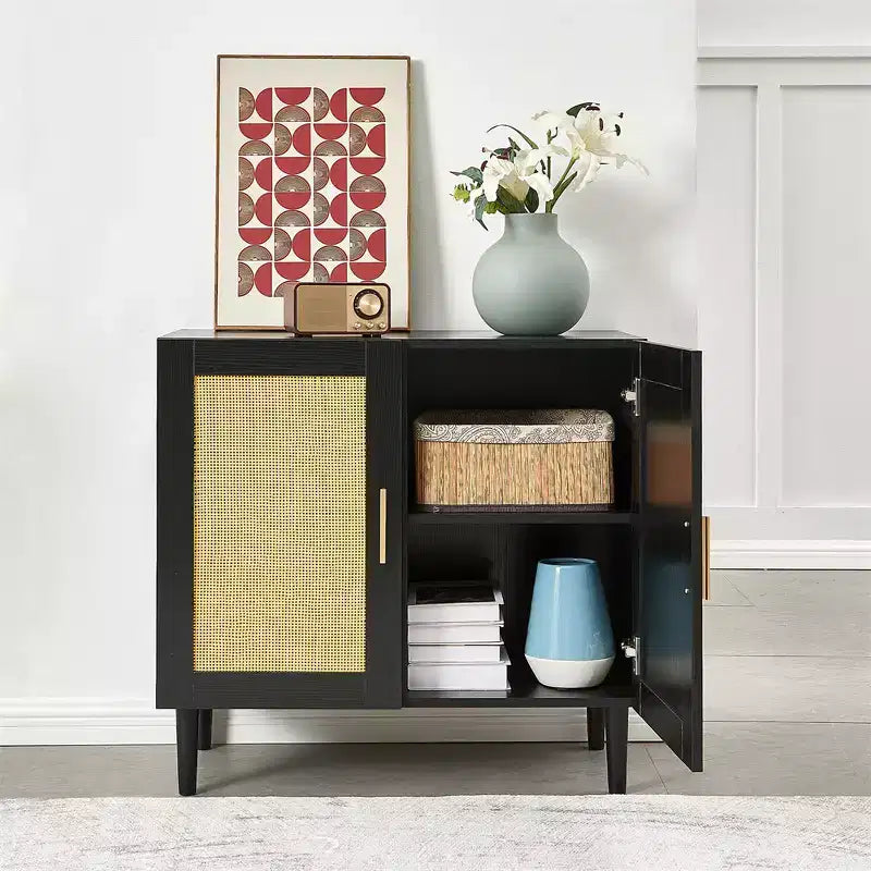 Meuble de rangement avec portes en rotin et étagères réglables, buffet moderne pour entrée ou salon