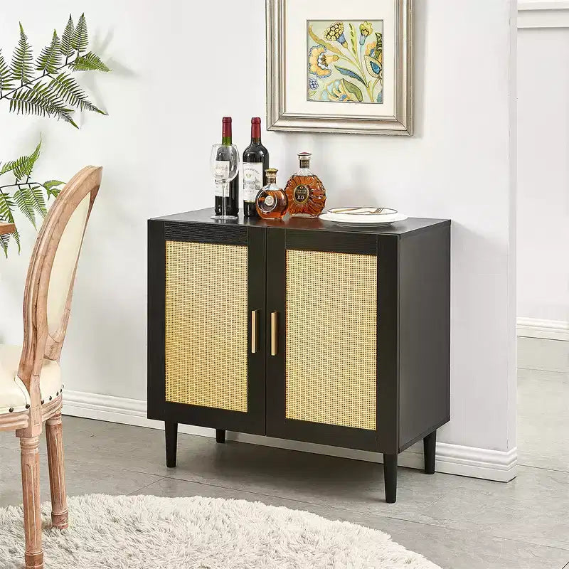 Meuble de rangement avec portes en rotin et étagères réglables, buffet moderne pour entrée ou salon