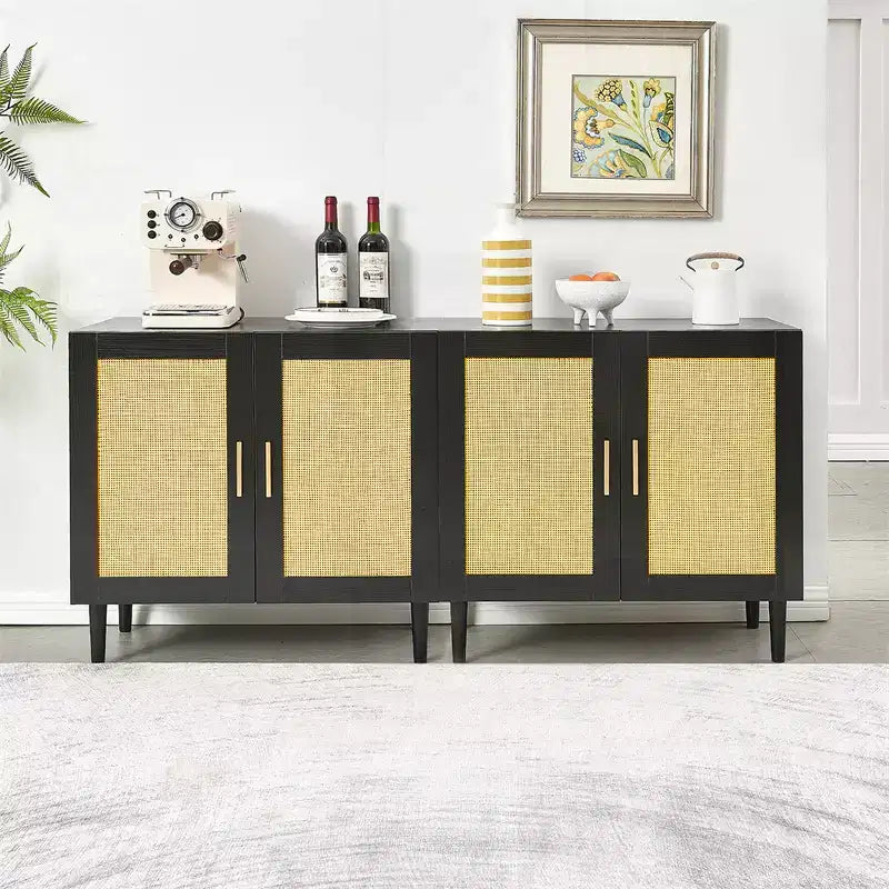 Meuble de rangement avec portes en rotin et étagères réglables, buffet moderne pour entrée ou salon