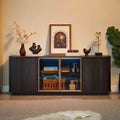 JVNOXK 64-inch Wavy TV Stand with Vertical Stripe Storage Cabinet and Glass Display, Suitable for Living Room/Bedroom, Black
