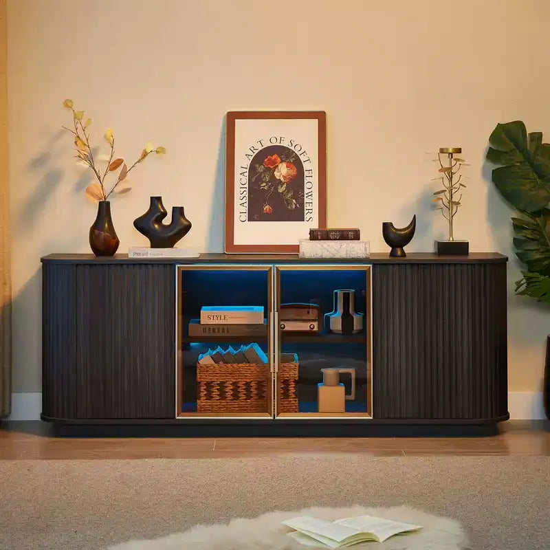 JVNOXK 64-inch Wavy TV Stand with Vertical Stripe Storage Cabinet and Glass Display, Suitable for Living Room/Bedroom, Black