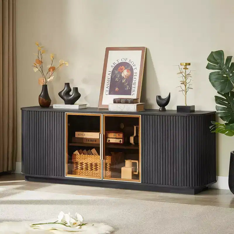 Meuble TV ondulé de 64 pouces avec armoire de rangement à rayures verticales et vitrine en verre, convient pour salon/chambre, noir