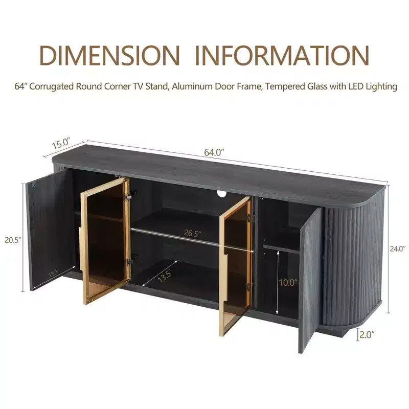 Meuble TV ondulé de 64 pouces avec armoire de rangement à rayures verticales et vitrine en verre, convient pour salon/chambre, noir