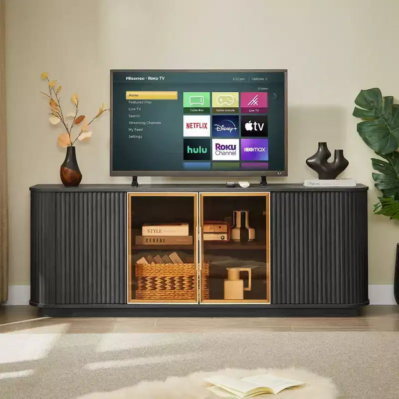 Meuble TV ondulé de 64 pouces avec armoire de rangement à rayures verticales et vitrine en verre, convient pour salon/chambre, noir