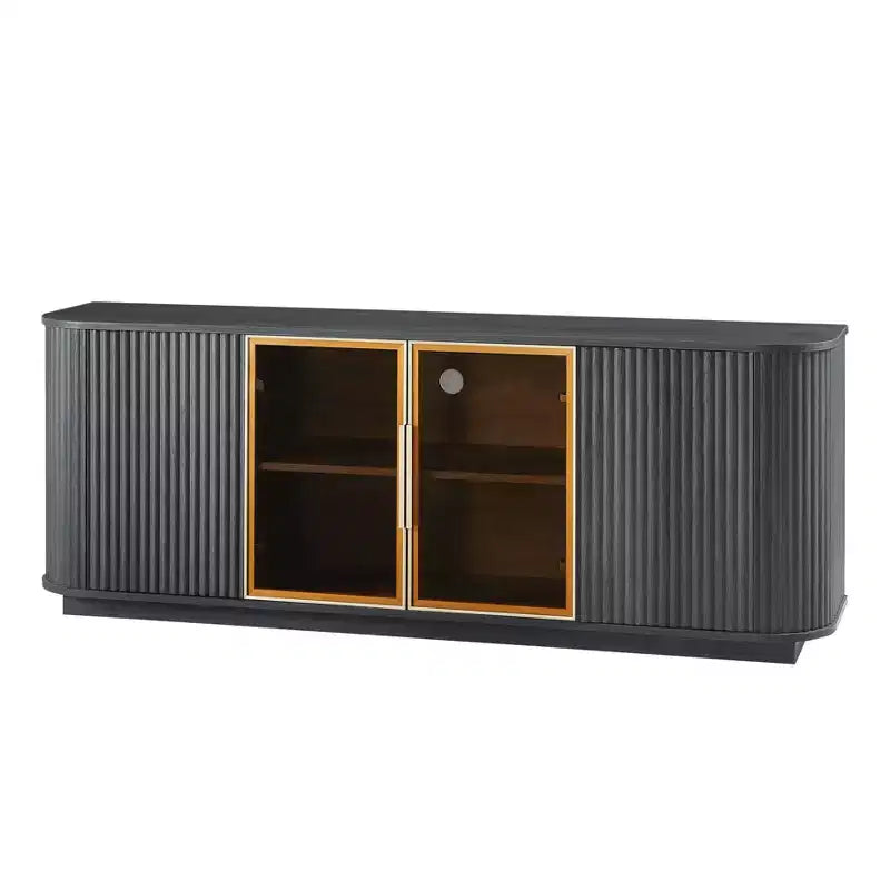 Meuble TV ondulé de 64 pouces avec armoire de rangement à rayures verticales et vitrine en verre, convient pour salon/chambre, noir