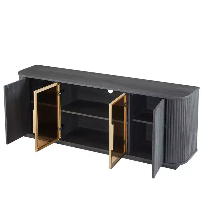Meuble TV ondulé de 64 pouces avec armoire de rangement à rayures verticales et vitrine en verre, convient pour salon/chambre, noir