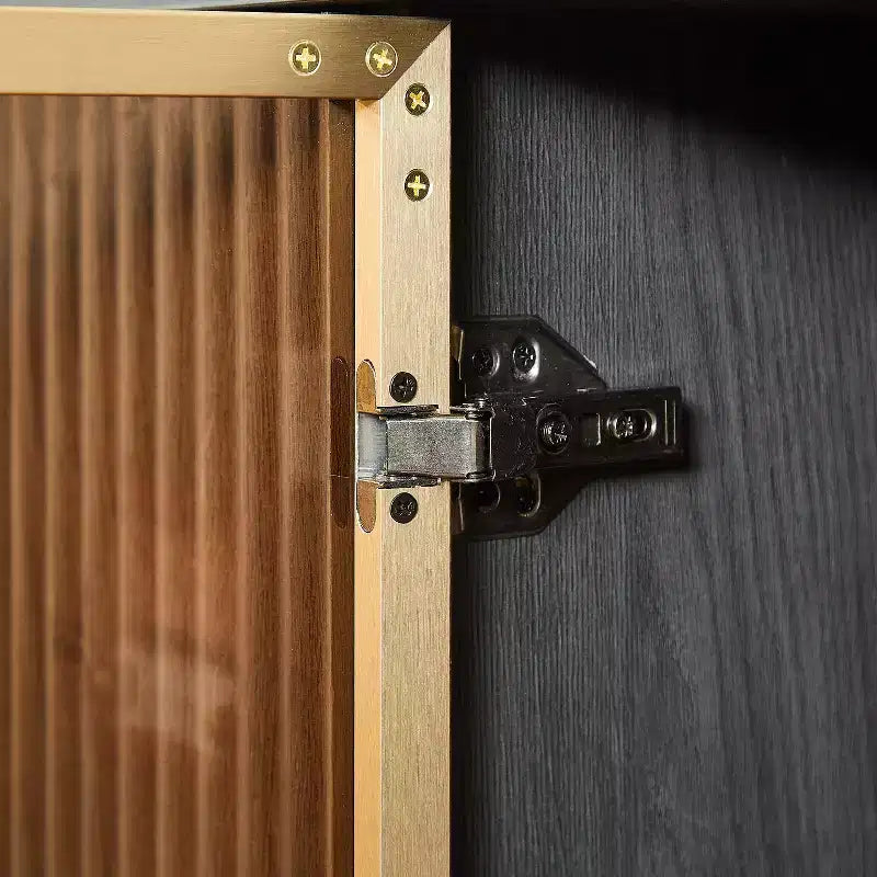 Meuble TV ondulé de 64 pouces avec armoire de rangement à rayures verticales et vitrine en verre, convient pour salon/chambre, noir