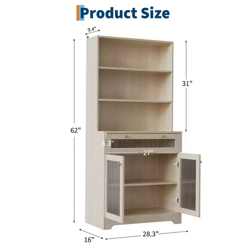 Meuble de Rangement de Cuisine sur Pied de 157 cm avec Portes en Verre, Étagère Ouverte à 3 Niveaux et Tiroir, Étagères Réglables pour Cuisine, Salle à Manger