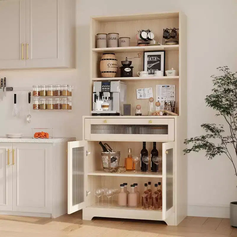 Meuble de Rangement de Cuisine sur Pied de 157 cm avec Portes en Verre, Étagère Ouverte à 3 Niveaux et Tiroir, Étagères Réglables pour Cuisine, Salle à Manger