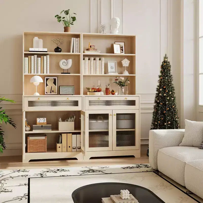 Meuble de Rangement de Cuisine sur Pied de 157 cm avec Portes en Verre, Étagère Ouverte à 3 Niveaux et Tiroir, Étagères Réglables pour Cuisine, Salle à Manger
