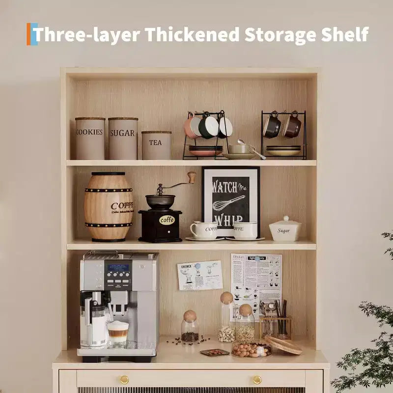 Meuble de Rangement de Cuisine sur Pied de 157 cm avec Portes en Verre, Étagère Ouverte à 3 Niveaux et Tiroir, Étagères Réglables pour Cuisine, Salle à Manger