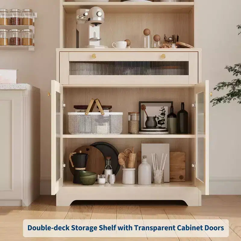 Meuble de Rangement de Cuisine sur Pied de 157 cm avec Portes en Verre, Étagère Ouverte à 3 Niveaux et Tiroir, Étagères Réglables pour Cuisine, Salle à Manger