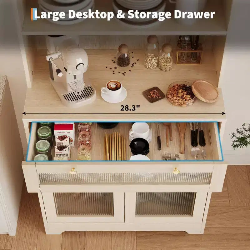 Meuble de Rangement de Cuisine sur Pied de 157 cm avec Portes en Verre, Étagère Ouverte à 3 Niveaux et Tiroir, Étagères Réglables pour Cuisine, Salle à Manger