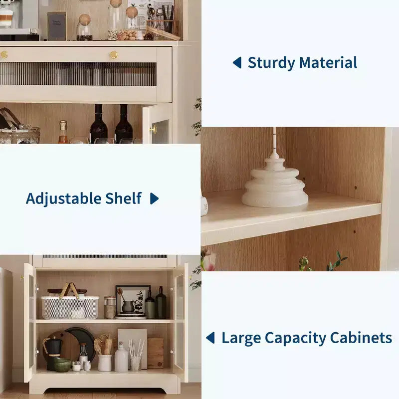 Meuble de Rangement de Cuisine sur Pied de 157 cm avec Portes en Verre, Étagère Ouverte à 3 Niveaux et Tiroir, Étagères Réglables pour Cuisine, Salle à Manger