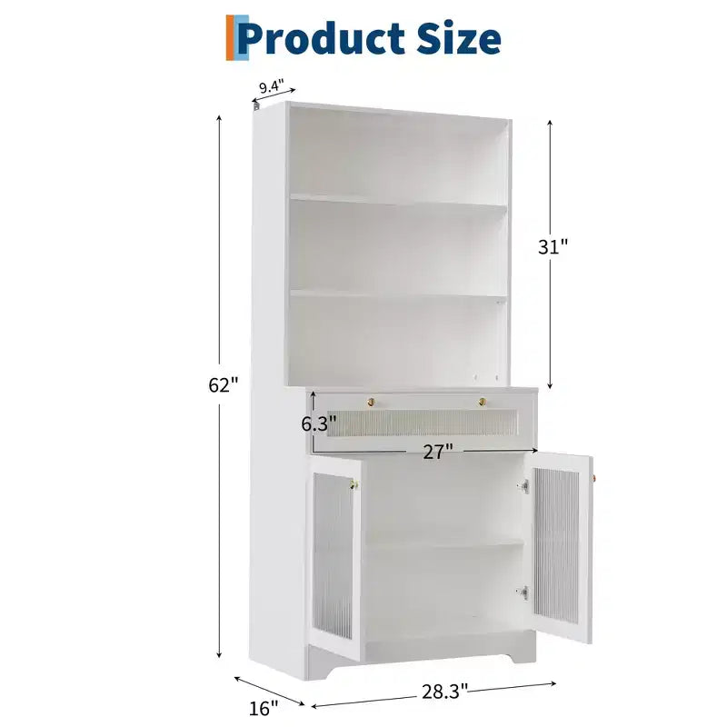 Meuble de Rangement de Cuisine sur Pied de 157 cm avec Portes en Verre, Étagère Ouverte à 3 Niveaux et Tiroir, Étagères Réglables pour Cuisine, Salle à Manger