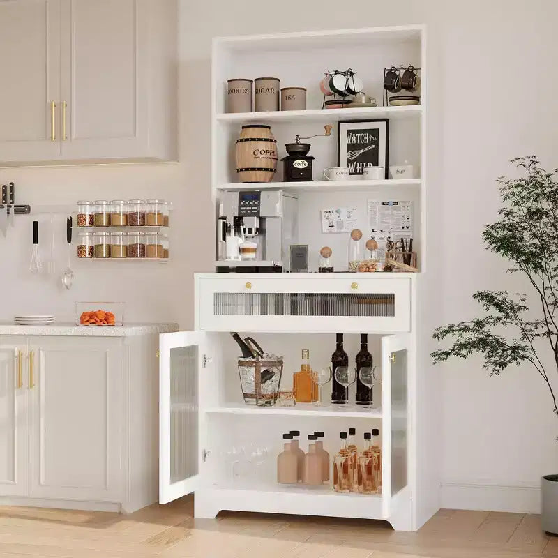 Meuble de Rangement de Cuisine sur Pied de 157 cm avec Portes en Verre, Étagère Ouverte à 3 Niveaux et Tiroir, Étagères Réglables pour Cuisine, Salle à Manger