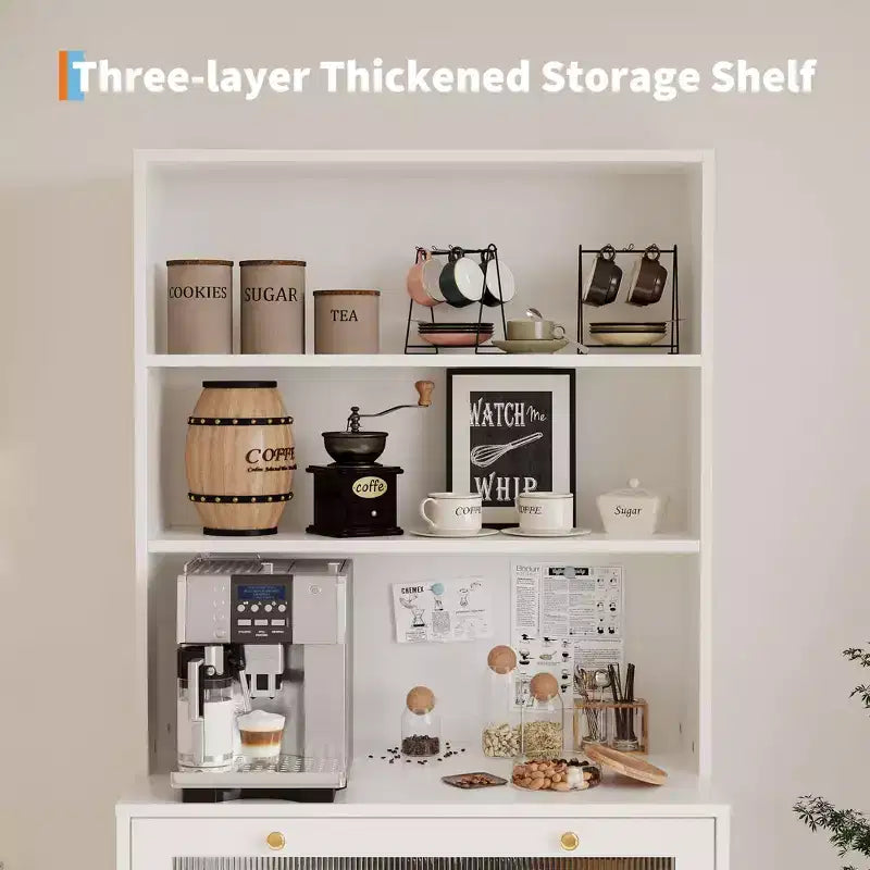 Meuble de Rangement de Cuisine sur Pied de 157 cm avec Portes en Verre, Étagère Ouverte à 3 Niveaux et Tiroir, Étagères Réglables pour Cuisine, Salle à Manger