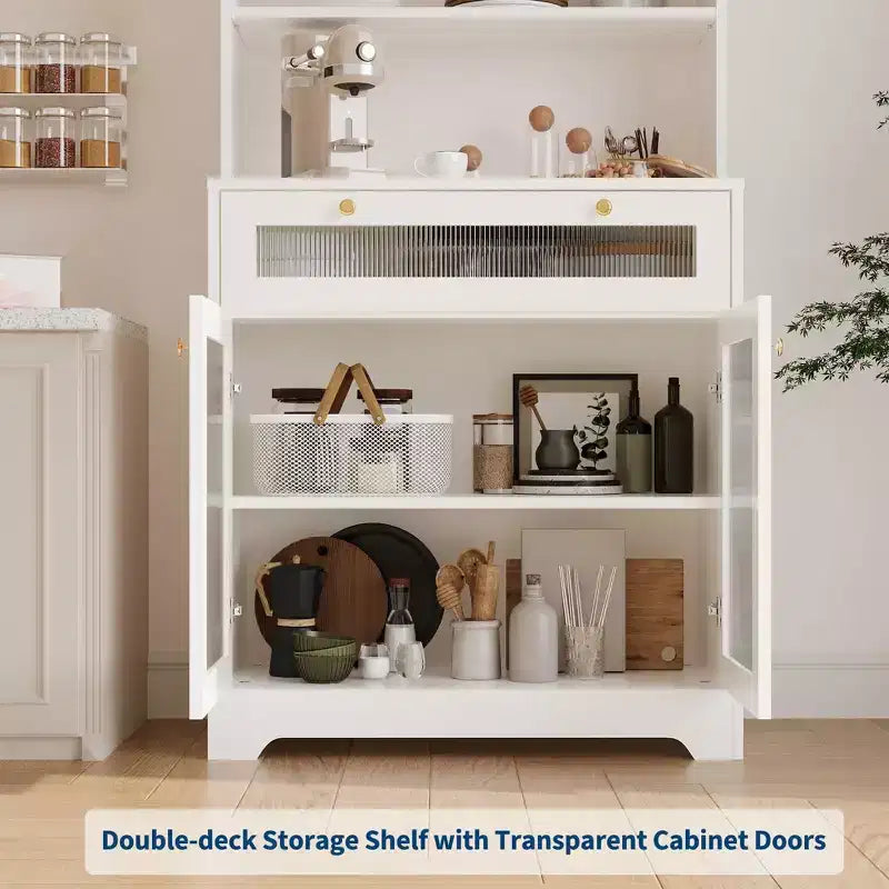 Meuble de Rangement de Cuisine sur Pied de 157 cm avec Portes en Verre, Étagère Ouverte à 3 Niveaux et Tiroir, Étagères Réglables pour Cuisine, Salle à Manger